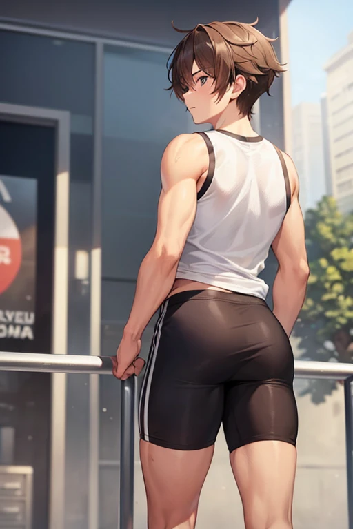 a 20 year old boy (long brown hair) (gym clothes) (from back)