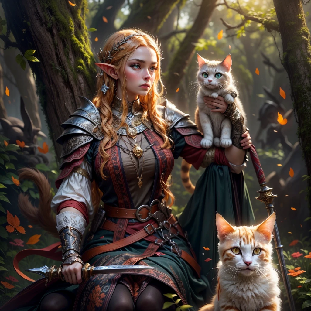 (one person with a cat) (hyperrealistic) (masterpiece) (4k) one adult female elf with dark blonde hair, forehead, wearing medieval clothes and armor playing with a big orange white cat with orange-green eyes, casting magic together, medieval forest background, sword, elf with her pet, one elf and one cat