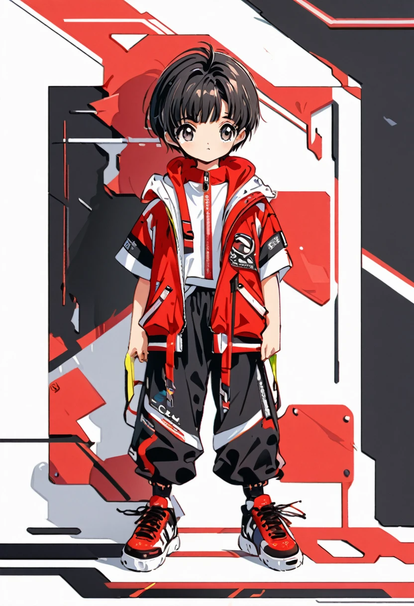 cute 12-years-old chinese kid girl, red clothes and acessories, sleeveless, short haircut, sporty fashion style, high detailed, 4K, front view, full body, CLAMP art style