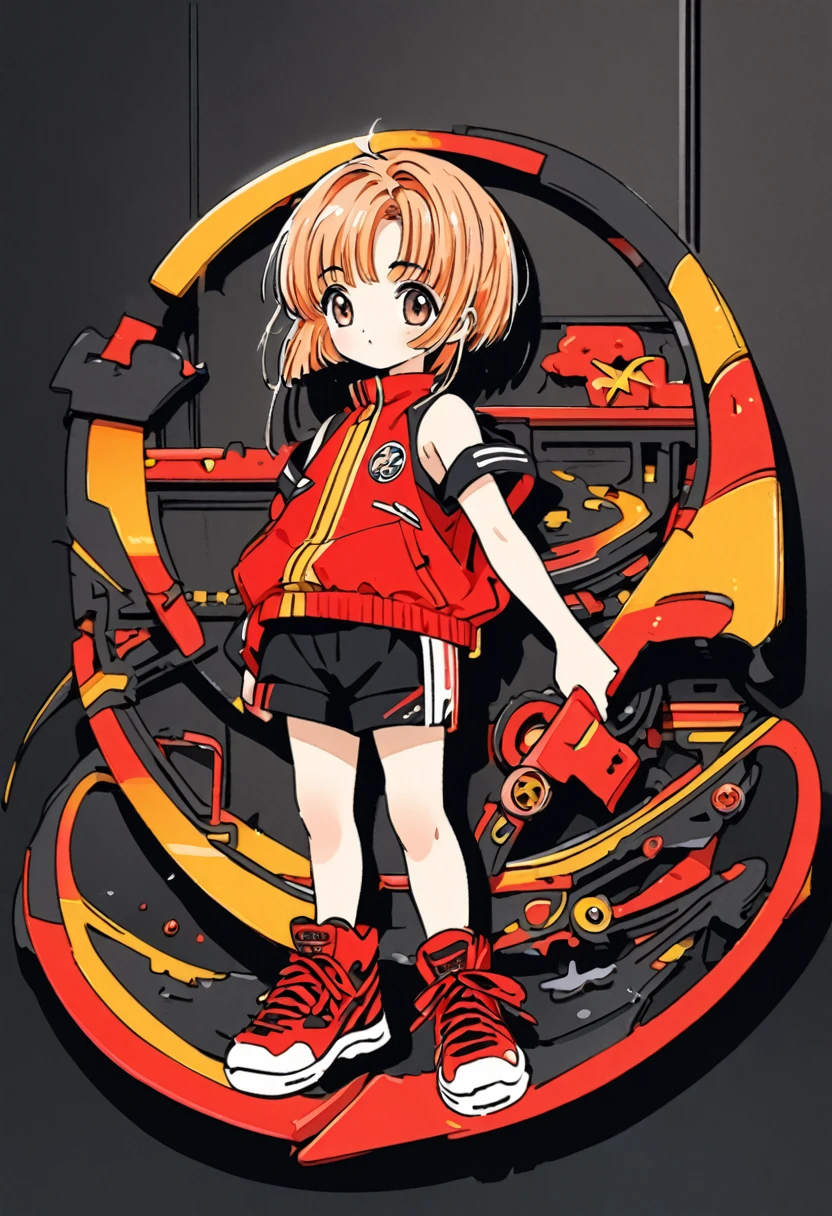 cute 12-years-old chinese kid girl, red clothes and acessories, sleeveless, short haircut, sporty fashion style, high detailed, 4K, front view, full body, CLAMP art style