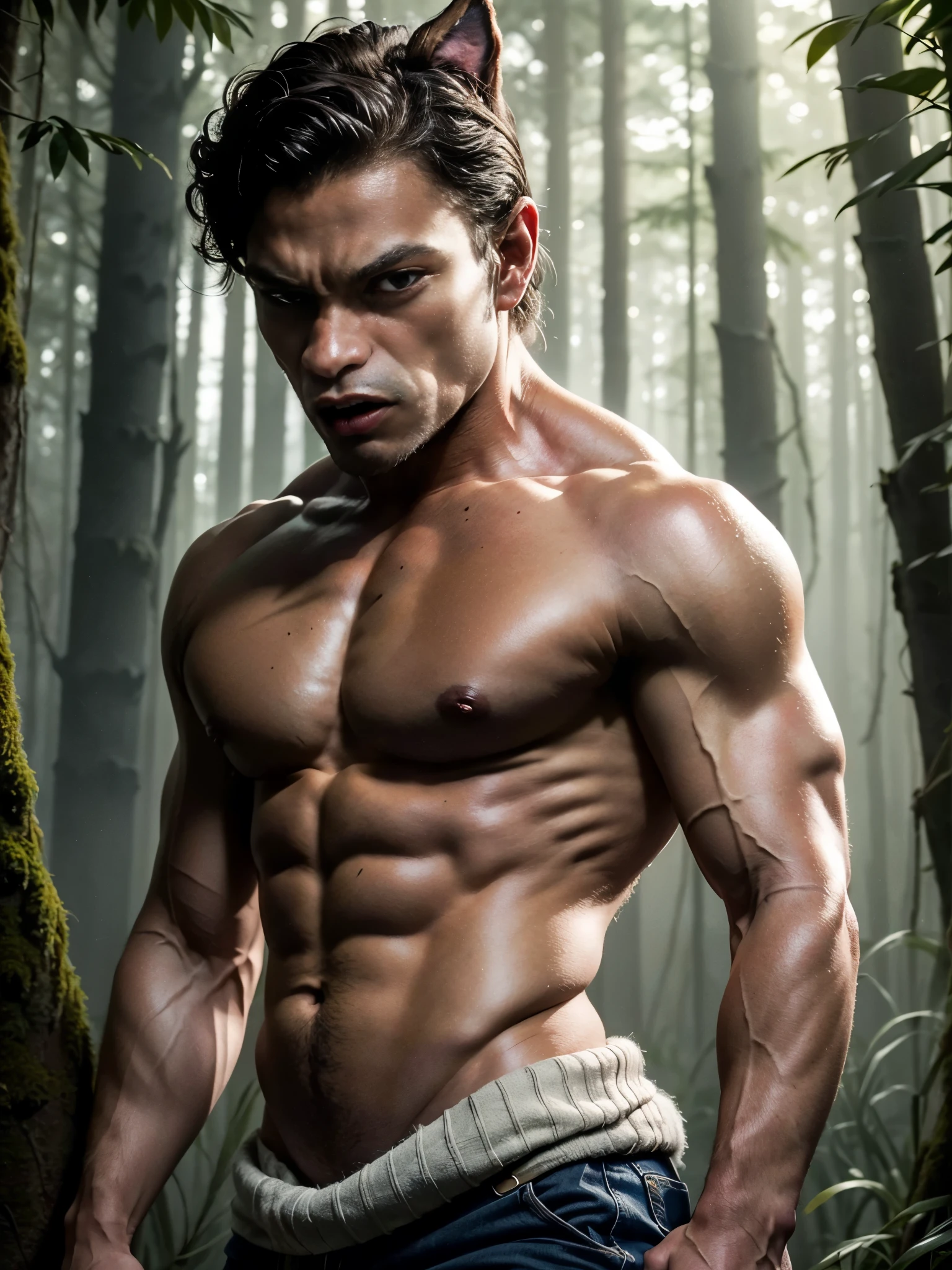 Photo-realistic, ((best quality)), ((masterpiece)), (detailed), perfect face, short hair, handsome young male model, 18-year-old, super male model, handsome, tall, cute, evil looking, dark look powerful, young male model, handsome, super strong, muscular, fit, massive muscles, six pack, clean shave, blue eyes, pale skin, white pale skin, wavy messy silver hair, short messy hair, messy wavy hair, (werewolf ears:1.5), werewolf tail, werewolf claw, shirtless, bare-chested, muscle, ripped, strong body, fit body, destroyed dirty linen small skirt, destroyed dirty linen raped skirt, inside haunted forest, horror forest, evil forest background, dark forest, 8k, high detailed, ultra-detailed, Stylish Pose, real skin texture, back-light, cinematic lighting, blurred background , bokeh effect