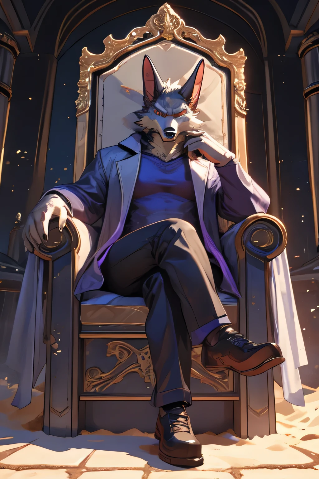 male old anthro jackal, sitting in an throne with crossed legs, solo, looking at viewer, serious look, serious expression, angry expression, black and white spectator shoes, grey body, grey fur, orange gloves, purple clothing, purple longcoat, purple pants, purple suit, red eyes, white shirt, perfect face, larger male, fur longcoat, sand powers, god set, low-angle view,