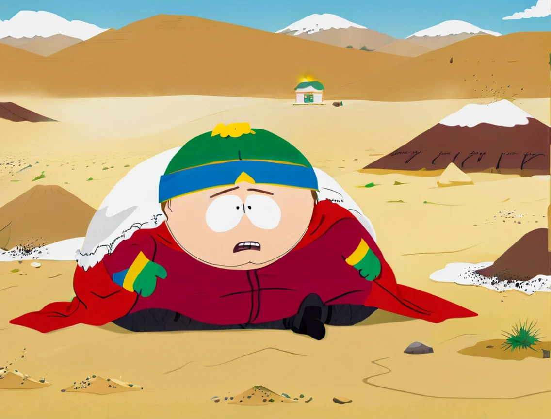 Eric Cartman is Dead, lying down at floor in Desert