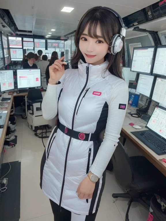 masterpiece, highest quality, Very detailed, 8K Portrait,Japanese Android Girl,plump , Control panel,Robotic arms and legs, Blunt bangs,,break (Metallic Gray, Metallic luster, Mirror finish, Astro Best):5,headphone:5,break (Black sleeves):100,Smart Watches,Futuristic space station,Control Room,break headphone,blue eyes,(Black Hair):2,(Long Hair):1.3,View the viewer,(respirator),break blush:3,Hidden Hand,smile