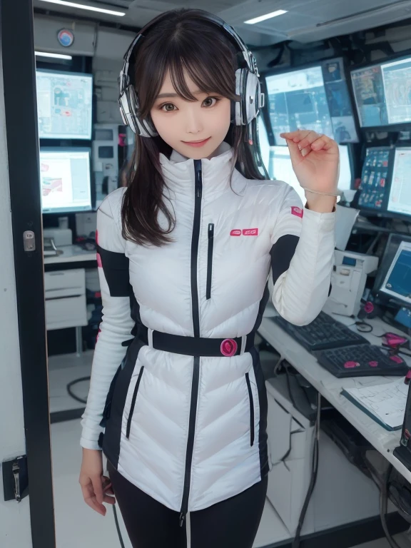 masterpiece, highest quality, Very detailed, 8K Portrait,Japanese Android Girl,plump , Control panel,Robotic arms and legs, Blunt bangs,,break (Metallic Gray, Metallic luster, Mirror finish, Astro Best):5,headphone:5,break (Black sleeves):100,Smart Watches,Futuristic space station,Control Room,break headphone,blue eyes,(Black Hair):2,(Long Hair):1.3,View the viewer,(respirator),break blush:3,Hidden Hand,smile