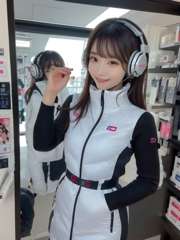 masterpiece, highest quality, Very detailed, 8K Portrait,Japanese Android Girl,plump , Control panel,Robotic arms and legs, Blunt bangs,,break (Metallic Gray, Metallic luster, Mirror finish, Astro Best):5,headphone:5,break (Black sleeves):100,Smart Watches,Futuristic space station,Control Room,break headphone,blue eyes,(Black Hair):2,(Long Hair):1.3,View the viewer,(respirator),break blush:3,Hidden Hand,smile