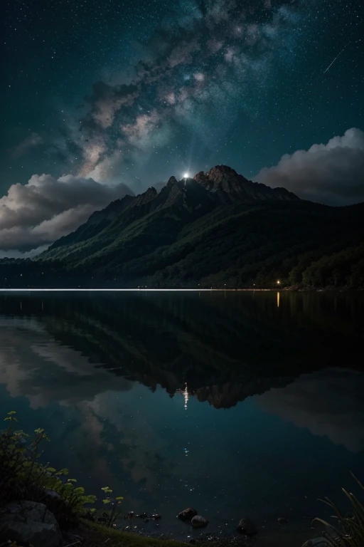 Illustration of a surreal, sobrenatural, hypersky scene, incluindo um grande lago, highly detailed and dark lighting, detalhes intrincados da floresta, rio circundante, Punk noturno, paisagem, lago gigante , lindas folhas verdes, beautiful lighting and realistic proportions, como se isso fosse a capa de um livro, 8K, mais alta qualidade, Obra de arte, clouds and stars in the sky.