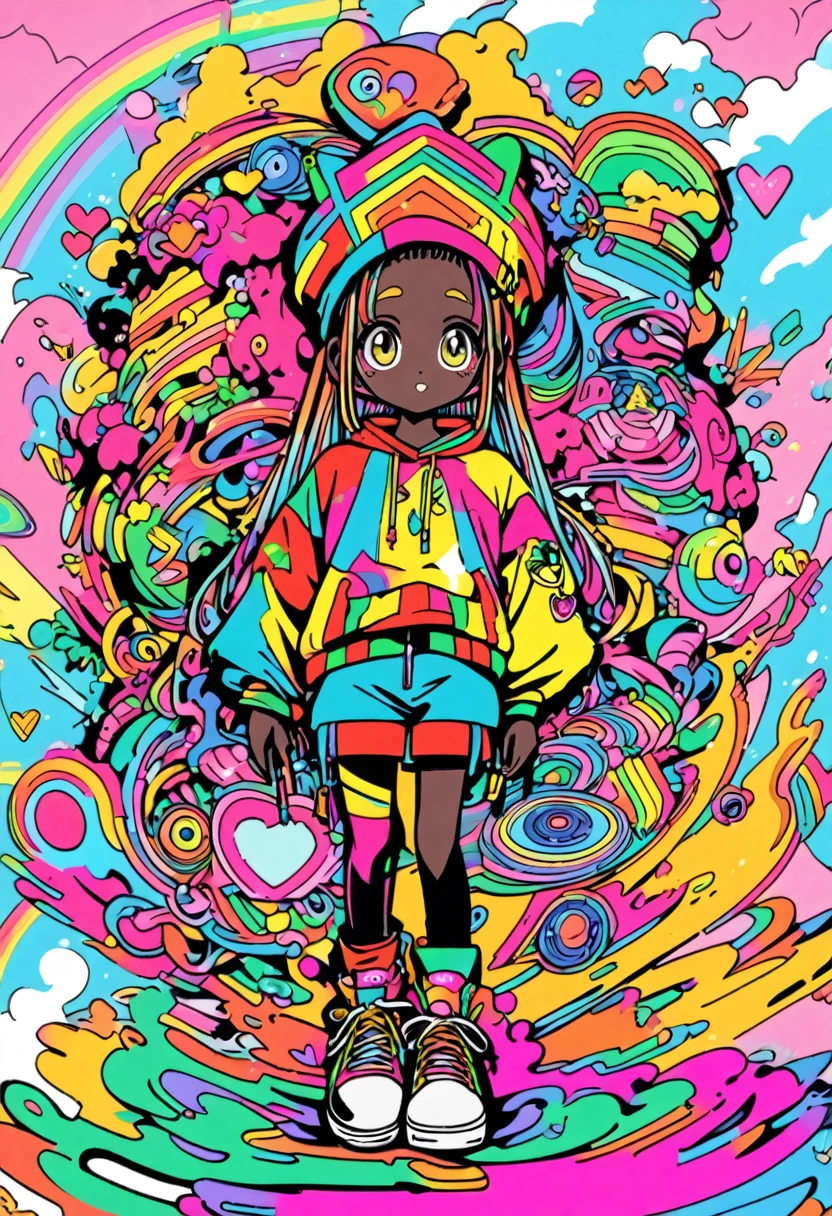 cute 12-years-old jamaican kid girl, colorful clothes and acessories, reggae fashion style, high detailed, 4K, front view, full body, CLAMP art style