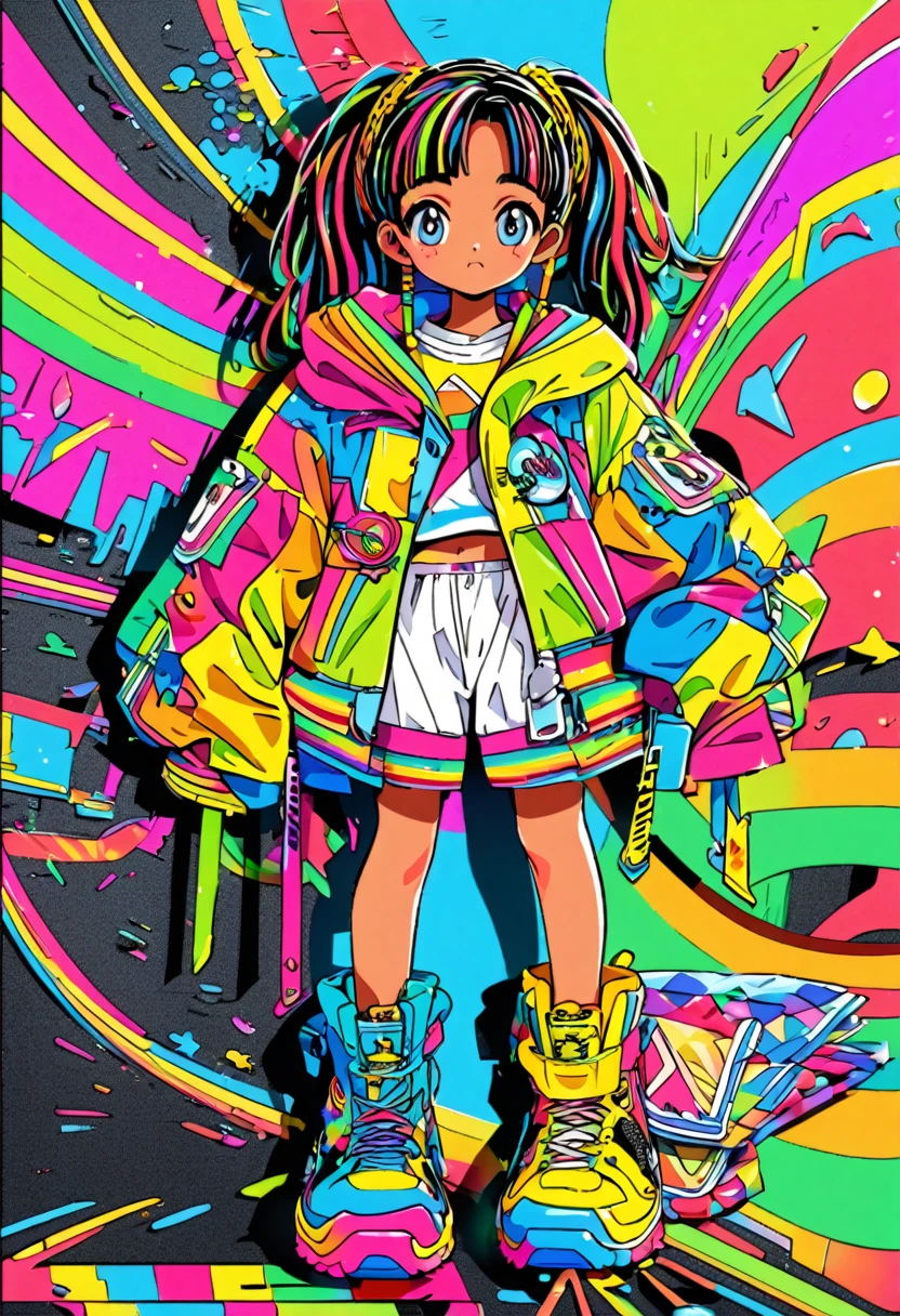 cute 12-years-old jamaican kid girl, colorful clothes and acessories, reggae fashion style, high detailed, 4K, front view, full body, CLAMP art style