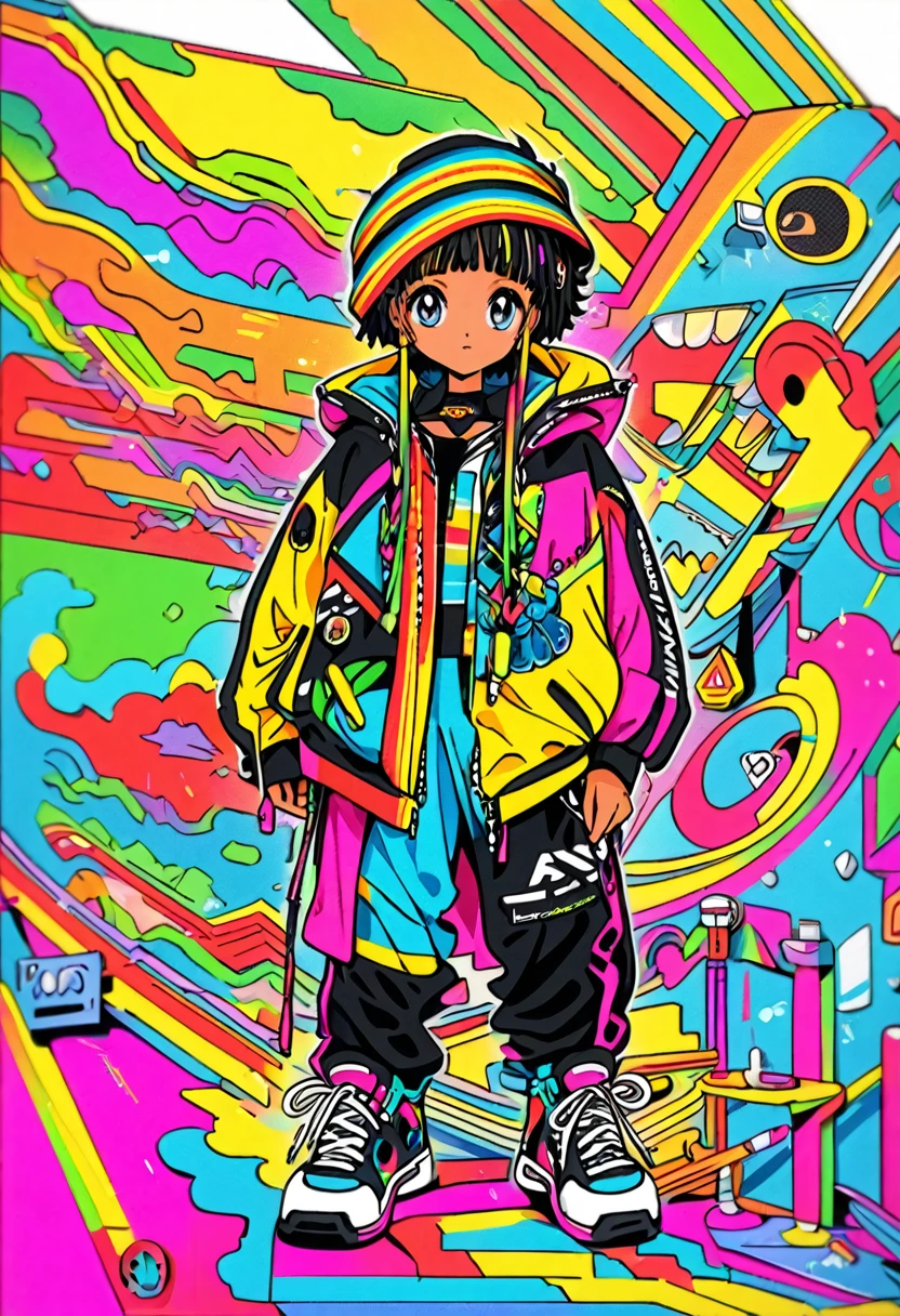 cute 12-years-old jamaican kid girl, colorful clothes and acessories, reggae fashion style, high detailed, 4K, front view, full body, CLAMP art style