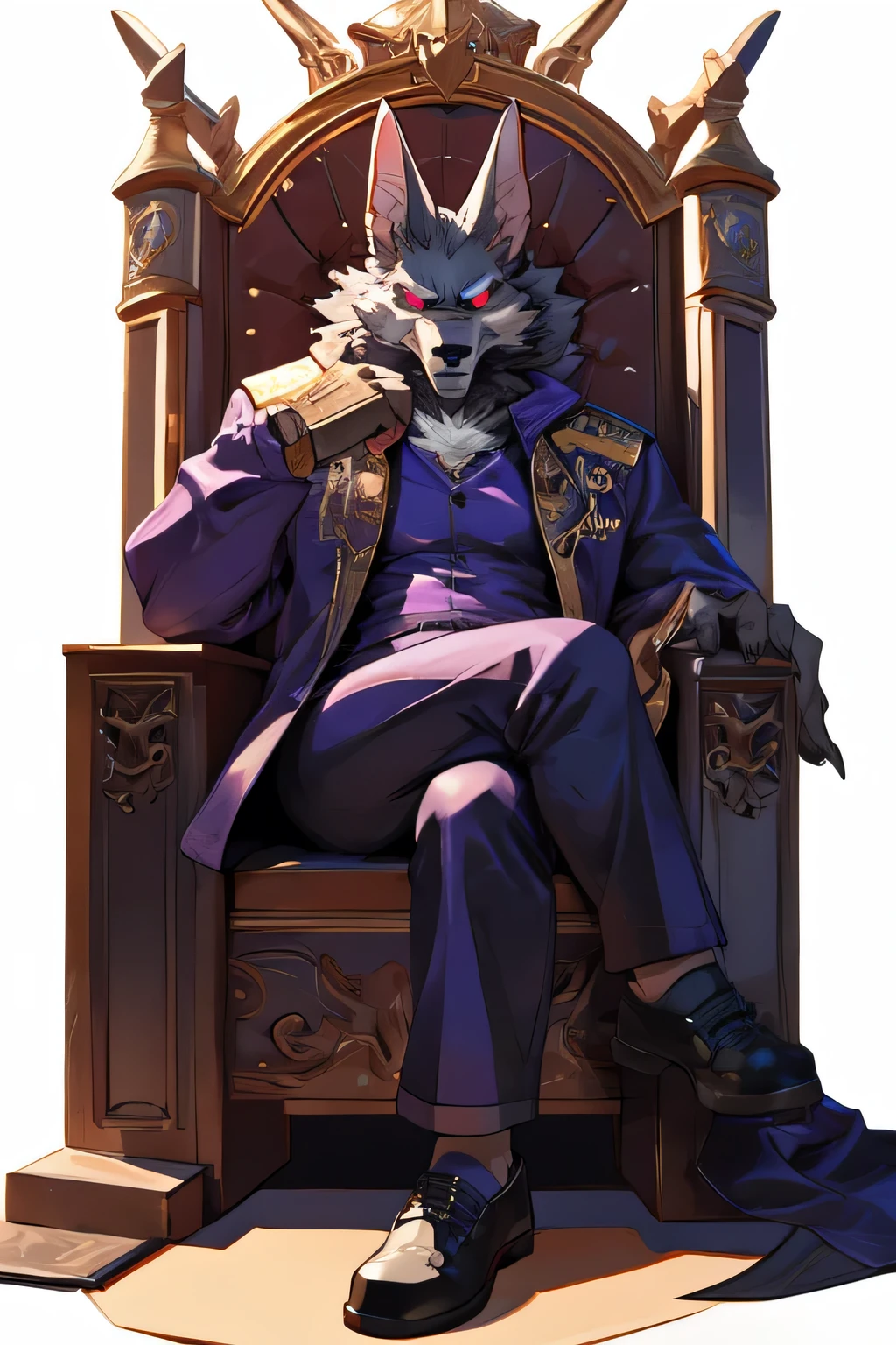 male old anthro jackal, sitting in an throne with crossed legs, solo, looking at viewer, serious look, serious expression, angry expression, black and white spectator shoes, grey body, grey fur, orange gloves, purple clothing, purple longcoat, purple pants, purple suit, red eyes, glowing eyes white shirt, perfect face, larger male, fur longcoat, sand powers, god set, holding cigar,