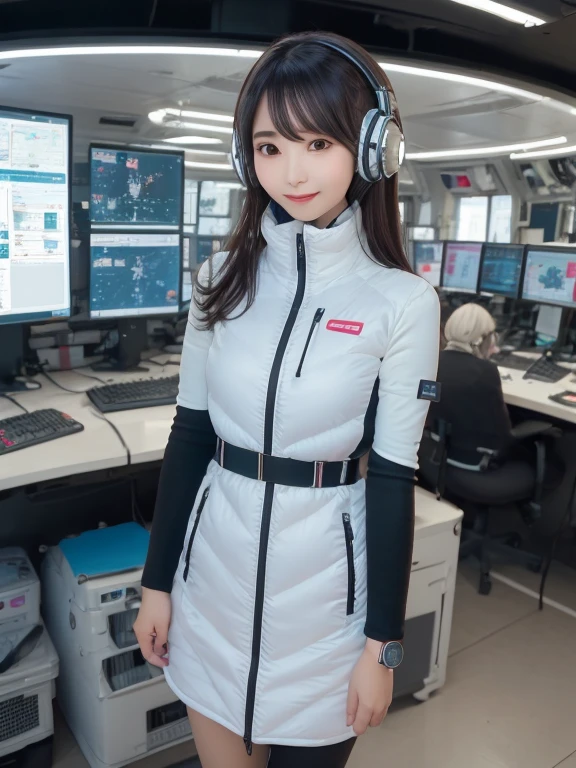 masterpiece, highest quality, Very detailed, 8K Portrait,Japanese Android Girl,plump , Control panel,Robotic arms and legs, Blunt bangs,,break (Metallic Gray, Metallic luster, Mirror finish, Astro Best):5,headphone:5,break (Black sleeves):100,Smart Watches,Futuristic space station,Control Room,break headphone,blue eyes,(Black Hair):2,(Long Hair):1.3,View the viewer,(respirator),break blush:3,Hidden Hand,smile
