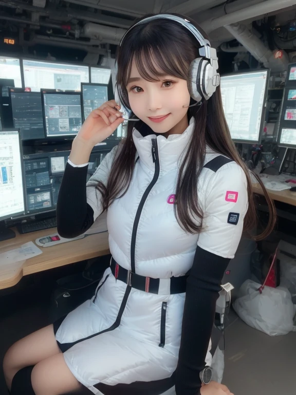 masterpiece, highest quality, Very detailed, 8K Portrait,Japanese Android Girl,plump , Control panel,Robotic arms and legs, Blunt bangs,,break (Metallic Gray, Metallic luster, Mirror finish, Astro Best):5,headphone:5,break (Black sleeves):100,Smart Watches,Futuristic space station,Control Room,break headphone,blue eyes,(Black Hair):2,(Long Hair):1.3,View the viewer,(respirator),break blush:3,Hidden Hand,smile