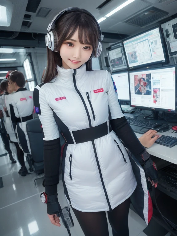 masterpiece, highest quality, Very detailed, 8K Portrait,Japanese Android Girl,plump , Control panel,Robotic arms and legs, Blunt bangs,,break (Metallic Gray, Metallic luster, Mirror finish, Astro Best):5,headphone:5,break (Black sleeves):100,Smart Watches,Futuristic space station,Control Room,break headphone,blue eyes,(Black Hair):2,(Long Hair):1.3,View the viewer,(respirator),break blush:3,Hidden Hand,smile