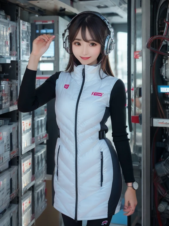 masterpiece, highest quality, Very detailed, 8K Portrait,Japanese Android Girl,plump , Control panel,Robotic arms and legs, Blunt bangs,,break (Metallic Gray, Metallic luster, Mirror finish, Astro Best):5,headphone:5,break (Black sleeves):100,Smart Watches,Futuristic space station,Control Room,break headphone,blue eyes,(Black Hair):2,(Long Hair):1.3,View the viewer,(respirator),break blush:3,Hidden Hand,smile