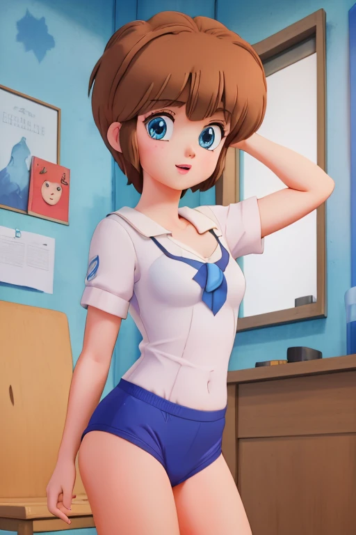 1 girl, with short hair and blue eyes, young looking, wearing underwear, Portait photo. 3d cartoon with accurate proportions,