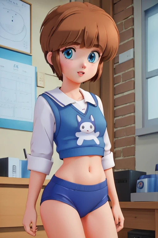 1 girl, with short hair and blue eyes, young looking, wearing underwear, Portait photo. 3d cartoon with accurate proportions,