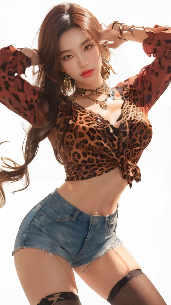 A woman wearing a leopard print top and shorts poses, style type germ, extremely detailed type germ, IG Model | type germ, Seductive portrait of Tifa Lockhart, in the style type germ, style ivan talavera and type germ, style of type germ, type germ. Anime Illustrations, type germ. High Detail