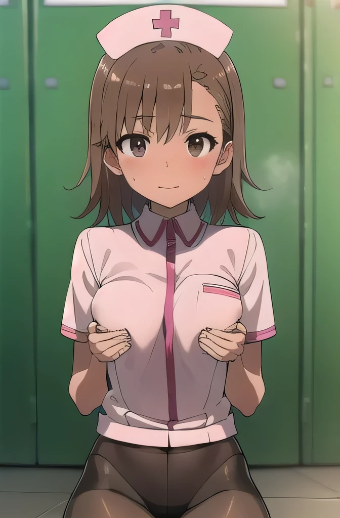 Misaka Mikoto,Tanned dark skin:1.6、Heavy makeup:1.1、Blonde:1.3, (Shortcuts:1.5), (Brown eyes:1.7), Ringlet, hair bow, bow, red bow, (Beautiful breasts:1.5),Nipple erection、
break,Detailed nurse uniform and pantyhose:1.3、Shortcuts
break looking at viewer, whole body,
Dark gymnasium warehouse、
break (masterpiece:1.2), highest quality, High resolution, unity 8k wallpaper, (shape:0.8), (Beautiful and beautiful eyes:1.6), Highly detailed face, Perfect lighting, Highly detailed CG, (Perfect hands, Perfect Anatomy)、、Sweaty、whole bodyポートレート、Misaka Mikoto looks embarrassed、Mischievous Smile:1.2、blush:1.3、Sweaty:1.3、whole body像、Sweaty outfit、Close ~ eyes、Sad-looking face:1.3、The groin is touching the corner of the vaulting box(Corner masturbation):1.4