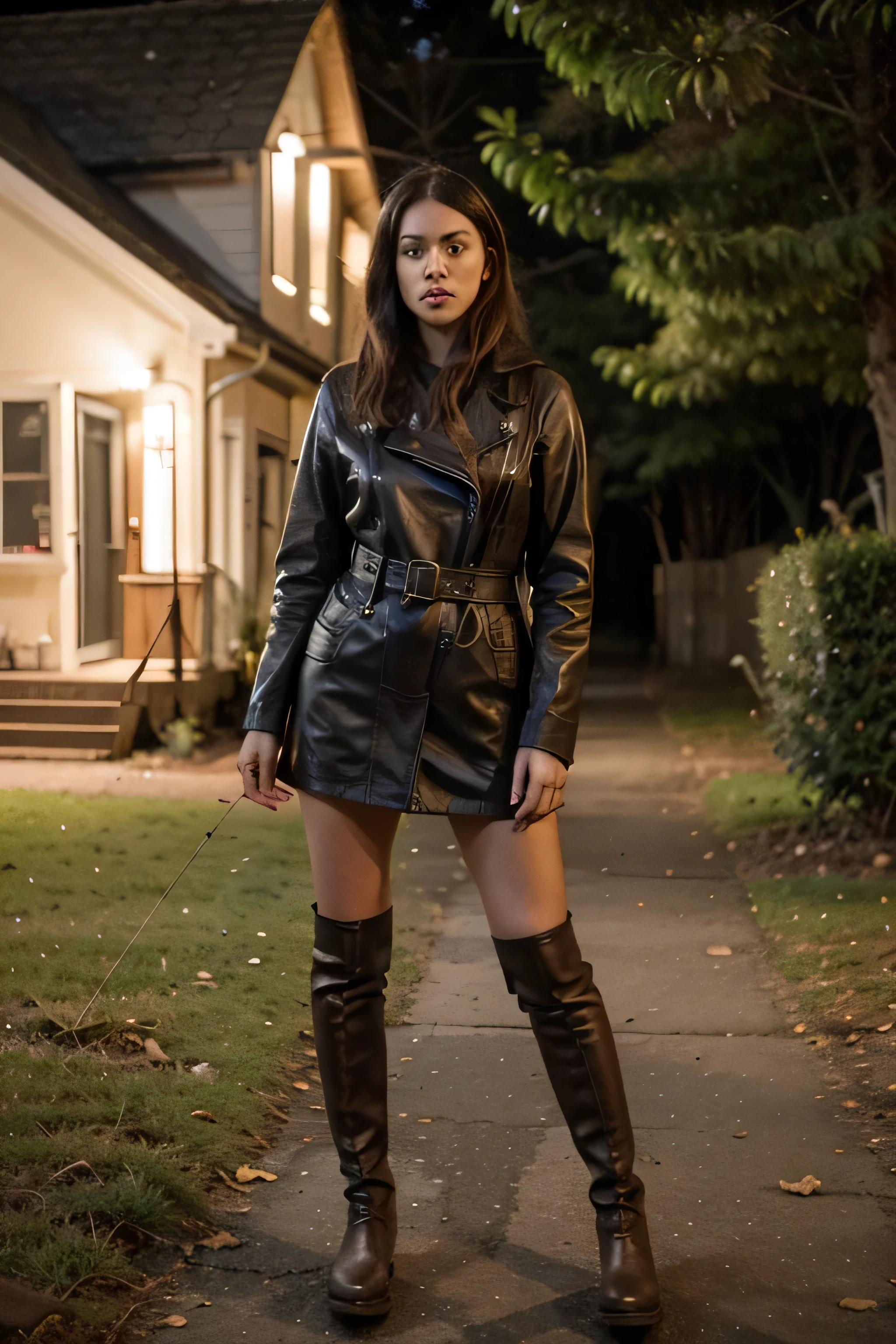 Crie uma foto de uma inglesa intectual, supernatural monster hunter, no meio de uma floresta na noite gelada, she is wearing leather boots and warm clothes with a coat over top, she is holding a bow and arrow.