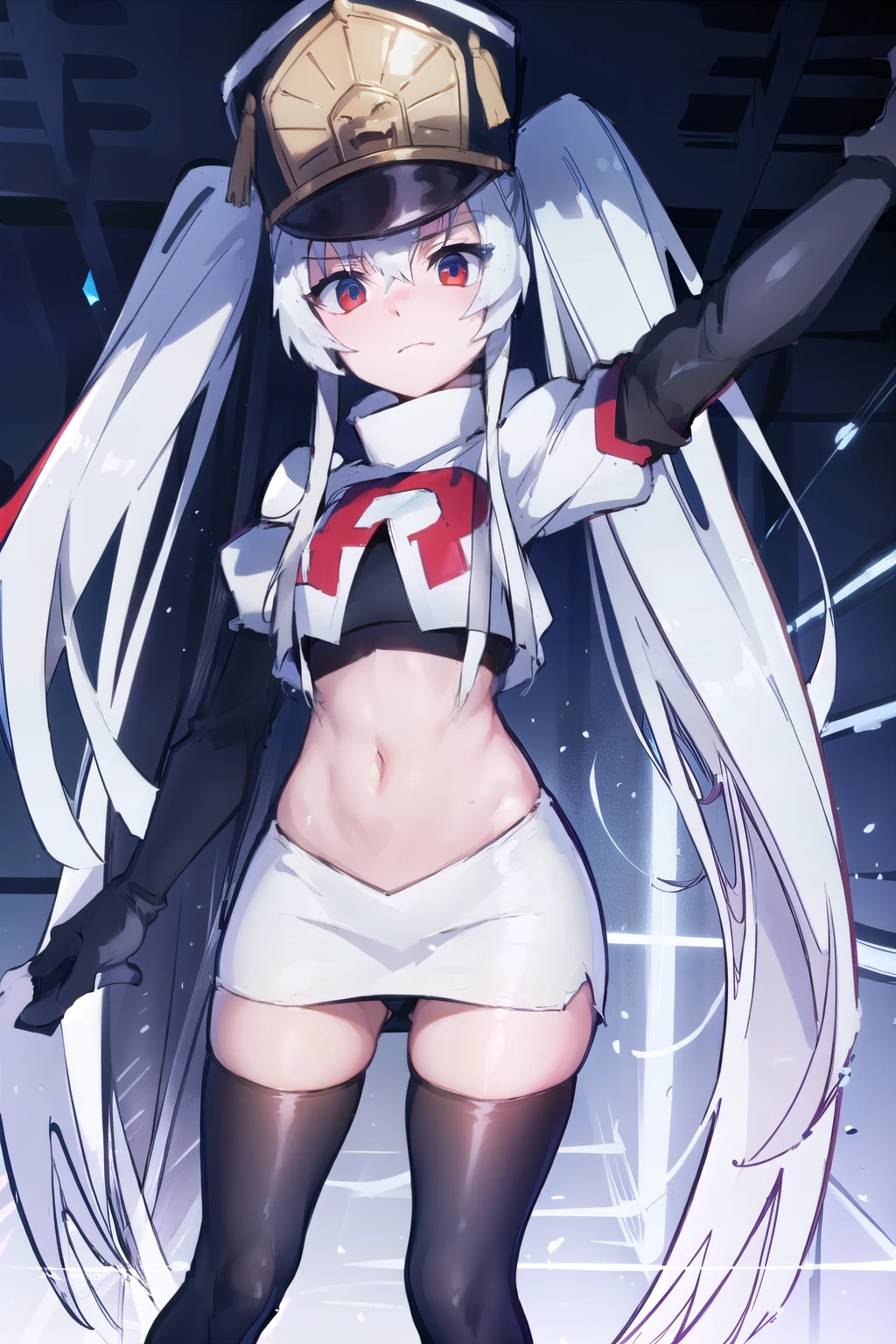 1girl, solo, altair, team rocket,team rocket uniform,white skirt,red letter R,crop top,black thigh-highs,black elbow gloves,
