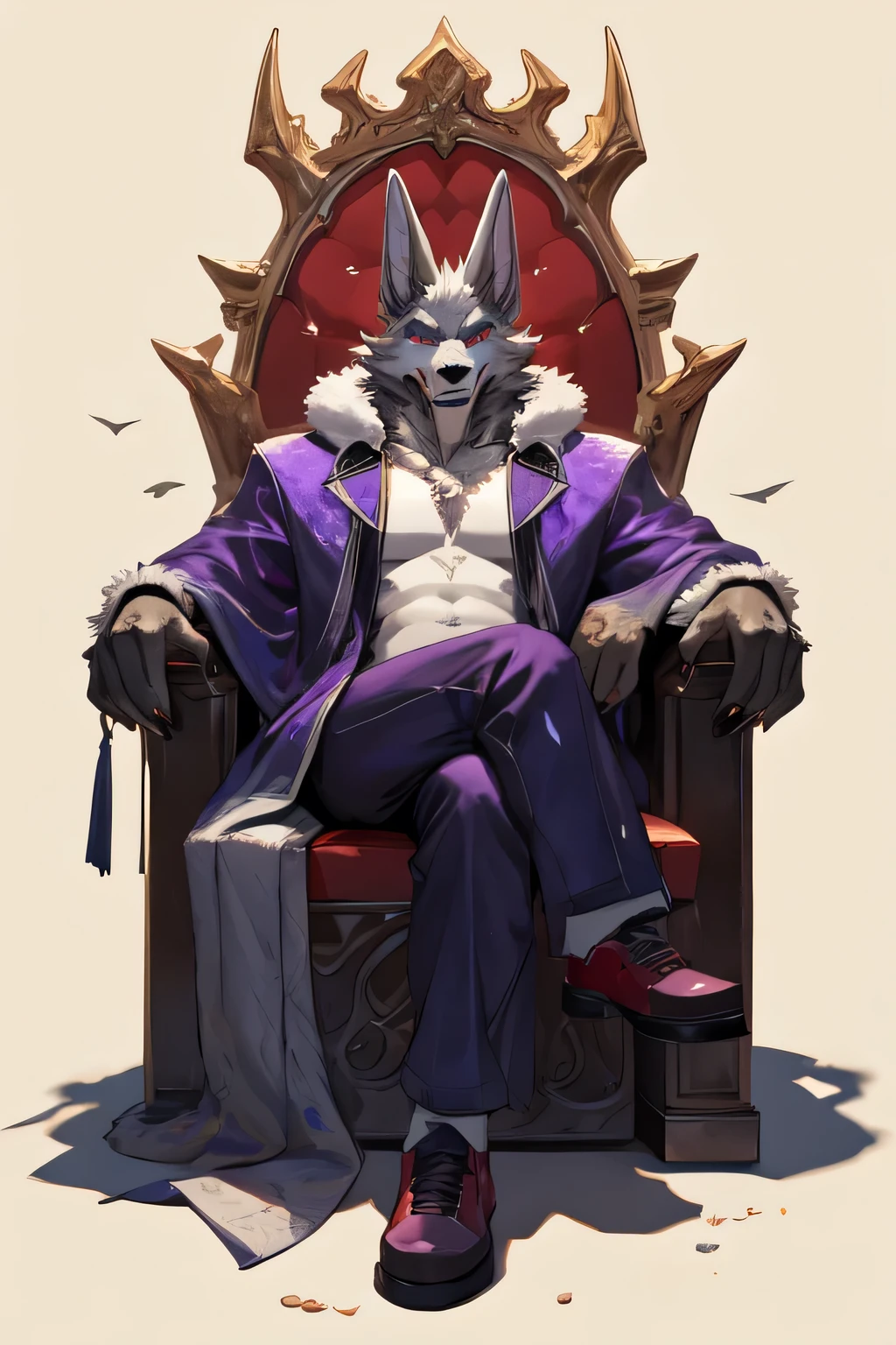 male old anthro jackal, sitting in an throne with crossed legs, solo, serious look, serious expression, angry expression, black and white spectator shoes, grey body, grey fur, orange gloves, purple clothing, purple longcoat, purple pants, purple suit, red eyes, glowing eyes white shirt, perfect face, larger male, fur longcoat, sand powers, god set, evil smile,