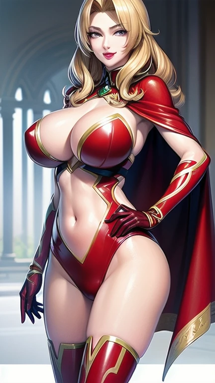 (masterpiece, best quality, ultra detailed, absurdres)1.5, 1girl, (sexy, beautiful woman, perfect face, perfect eyes, perfect female body)1.5, (AliciaViewstream, wavy hair, long hair, blonde hair, red eyes, mature female, milf, v-shaped eyebrows, red lips, extremely detailed clothes, smile, red-black cape, red elbow gloves, red thigh boots, red impossible clothes, ),very detailed, depth of fields。Create depth with atmospheric lighting,wide wide shot,detail,(Hyper-detailing),(Complicated details),(High resolution CGI artwork 8k), palace, ballroom windows, day, standing, dynamic pose,