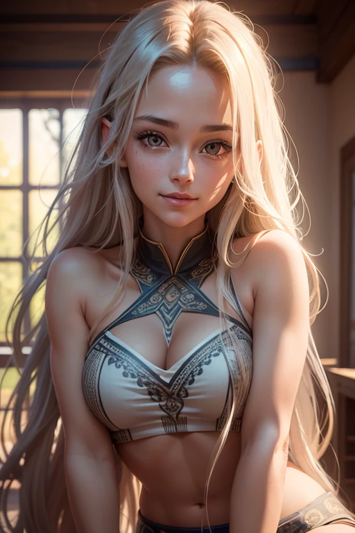 Natural photography of a happy beautiful girl, wearing a loose crop top, leaning over, long flowing hair, big bust, locks eyes into the camera, symmetrical eyes, symmetrical face, photorealistic, photography, path tracing, specular lighting, volumetric face light, path traced hair, visible shadows, intricate, elaborate