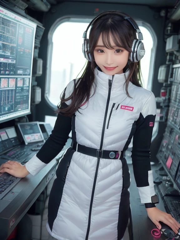 masterpiece, highest quality, Very detailed, 8K Portrait,Japanese Android Girl,plump , Control panel,Robotic arms and legs, Blunt bangs,,break (Metallic Gray, Metallic luster, Mirror finish, Astro Best):5,headphone:5,break (Black sleeves):100,Smart Watches,Futuristic space station,Control Room,break headphone,blue eyes,(Black Hair):2,(Long Hair):1.3,View the viewer,(respirator),break blush:3,Hidden Hand,smile