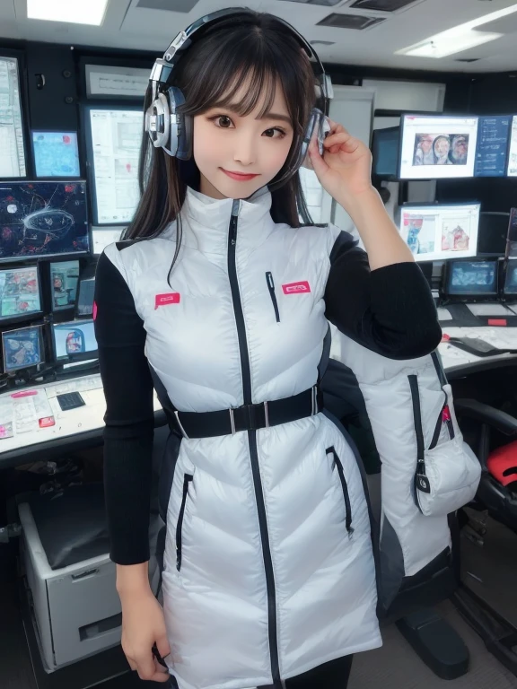 masterpiece, highest quality, Very detailed, 8K Portrait,Japanese Android Girl,plump , Control panel,Robotic arms and legs, Blunt bangs,,break (Metallic Gray, Metallic luster, Mirror finish, Astro Best):5,headphone:5,break (Black sleeves):100,Smart Watches,Futuristic space station,Control Room,break headphone,blue eyes,(Black Hair):2,(Long Hair):1.3,View the viewer,(respirator),break blush:3,Hidden Hand,smile