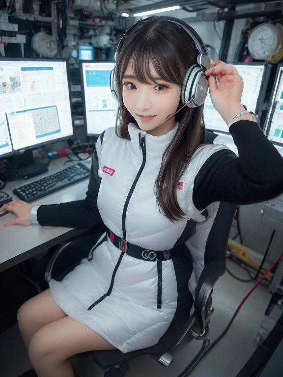 masterpiece, highest quality, Very detailed, 8K Portrait,Japanese Android Girl,plump , Control panel,Robotic arms and legs, Blunt bangs,,break (Metallic Gray, Metallic luster, Mirror finish, Astro Best):5,headphone:5,break (Black sleeves):100,Smart Watches,Futuristic space station,Control Room,break headphone,blue eyes,(Black Hair):2,(Long Hair):1.3,View the viewer,(respirator),break blush:3,Hidden Hand,smile