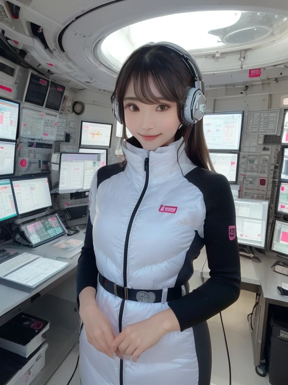 masterpiece, Highest quality, Very detailed, 8K Portrait,Japanese Android Girl,plump , Control panel,Robotic arms and legs, Blunt bangs,,break (Metallic Gray, Metallic luster, Mirror finish, Astro Best):5,headphone:5,break (Black sleeves):100,Smart Watches,Futuristic space station,Control Room,break headphone,blue eyes,(Black Hair):2,(Long Hair):1.3,Displaying the viewer,(respirator),break blush:3,Hidden Hand,smile