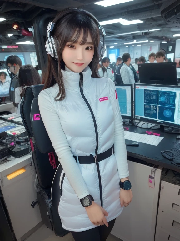 masterpiece, highest quality, Very detailed, 8K Portrait,Japanese Android Girl,plump , Control panel,Robotic arms and legs, Blunt bangs,,break (Metallic Gray, Metallic luster, Mirror finish, Astro Best):5,headphone:5,break (Black sleeves):100,Smart Watches,Futuristic space station,Control Room,break headphone,blue eyes,(Black Hair):2,(Long Hair):1.3,View the viewer,(respirator),break blush:3,Hidden Hand,smile