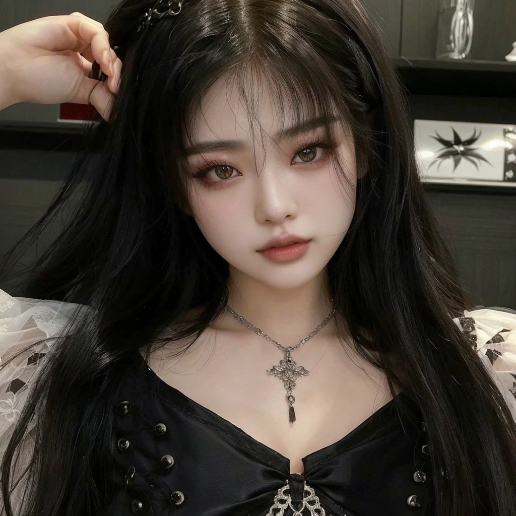 Asian woman with long black hair wearing a corset, cruel korean goth girl, com cabelos longos e olhos penetrantes, ela tem cabelo preto com franja, lalisa manobal, 1 7 - year - old goth girl, coreana, Ulzzang, 1 7 - year - old anime goth girl, jaeyeon nam, goth girl, deusa japonesa, perfect hand