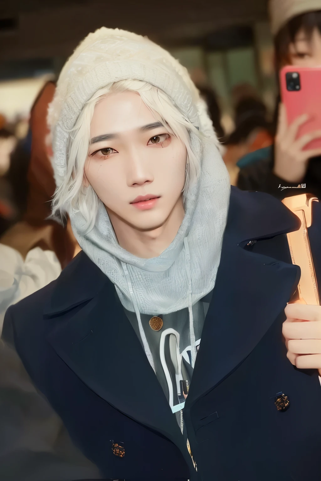 Arafed woman with scarf and hat holding a cell phone, kim doyoung, xqc, cai xukun, kim taejin, steven jung, pale korean adorable face, Jung Jaehyun, jia, pintar ulzzang, hyung tae, hsiao-ron, jinyoung shin, Hong June Hyung, pelo blanco, inspirado en jeonseok lee