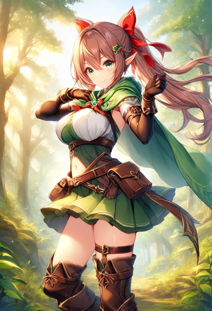 1girl, solo, pointy-ears, ((brown-hair)), green-eyes, gloves, boots, twintails, skirt, elbow-gloves, hair-ornament, navel, looking-at-viewer, cape, smile, elf, ribbon, hair-ribbon, knee-boots, belt, hairclip, ((green-skirt)), black-gloves, forest, midriff, thigh-strap, hair-between-eyes, standing, black-footwear, pouch, long-hair, nature, red-ribbon, ((big boobs) 1:1)
