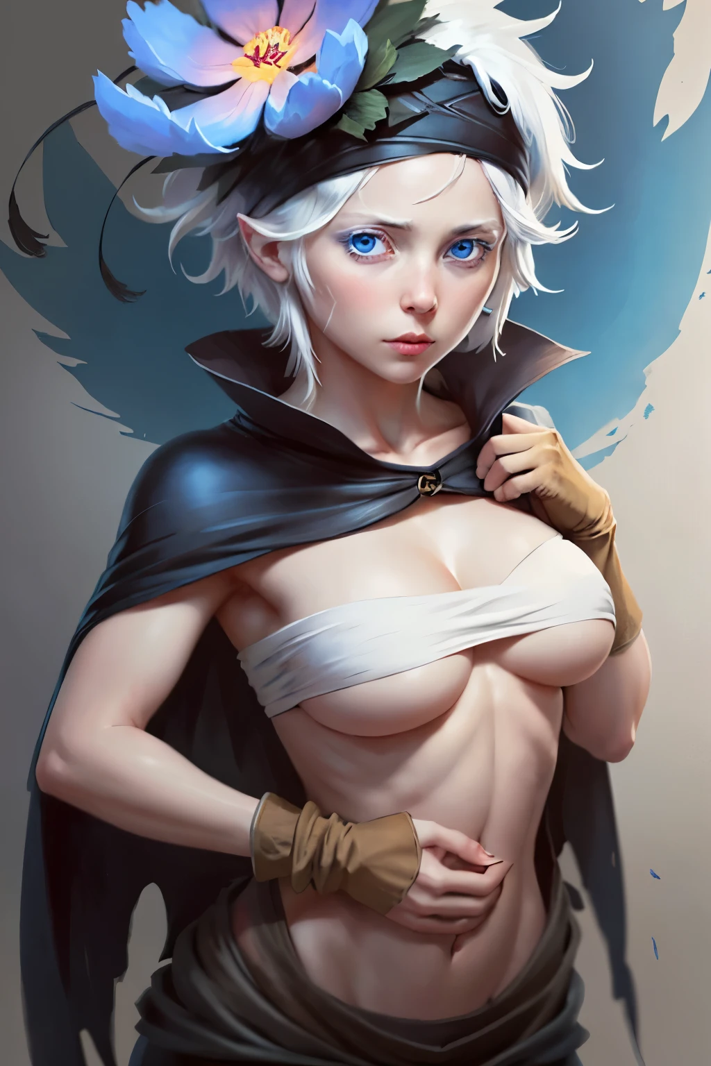 best anatomy, detailed eyes, perfect eyes, upper body, fremy_speedraw, hair flower, hairband, flower, hair ornament, blue eyes, 1girl, solo, looking at viewer, short hair, gloves, navel, medium breasts, white hair, boots , cape, underboob, eyepatch, close-up, portrait . 