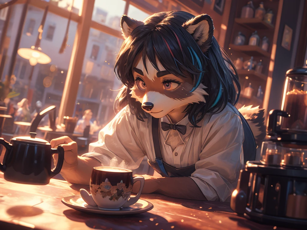 Hallucination , daydream , dynamic angle , rule of thirds Layout , Bokeh , dynamic action , There are lots of highlights of the movie , girly move , realistic hairy fur , round face , moist round eyes , Swollen cheeks , hair ties , Short stature , female racoon dog , teatime on cafe