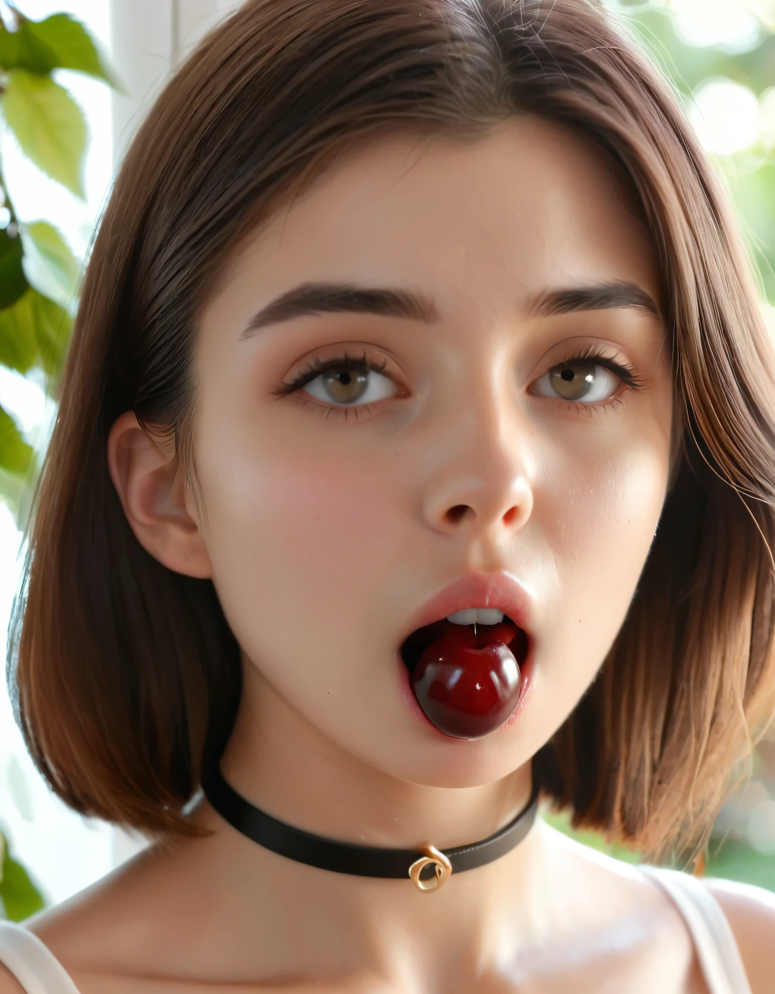 A close-up, slightly tilted angle view of a young woman about to eat two bright red cherries held by their stems. The woman's eyes are half-closed, with soft pinkish-purple hues, and she has long, straight dark brown hair with subtle highlights. She is wearing a white, sleeveless outfit, and there is a faint suggestion of a choker around her neck. The image captures a moment of anticipation as the woman's lips are slightly parted, showing the inside of her mouth where the cherries are about to enter. The lighting is soft, creating gentle shadows and highlights that accentuate the cherries' glossy texture and the woman's delicate skin. Her expression is calm and focused. The background is out of focus, with muted, pastel-like colors to keep the attention on the central action. hyper realistic, vibrant colors, 8k