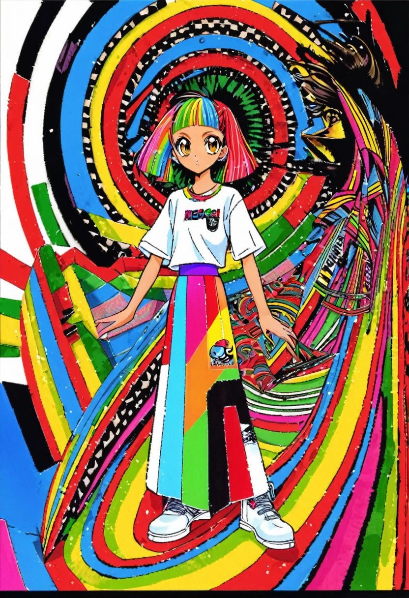 cute 12-years-old jamaican ??? girl, colorful clothes and acessories, reggae fashion style, high detailed, 4K, front view, full body, CLAMP art style