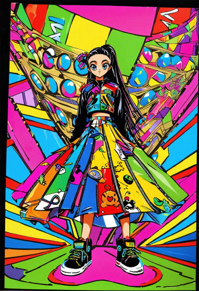 cute -yeld jaman kid girl, orful clothes and acessories, reggae fashion style, high detailed, 4K, front view, full body, CLAMP art style