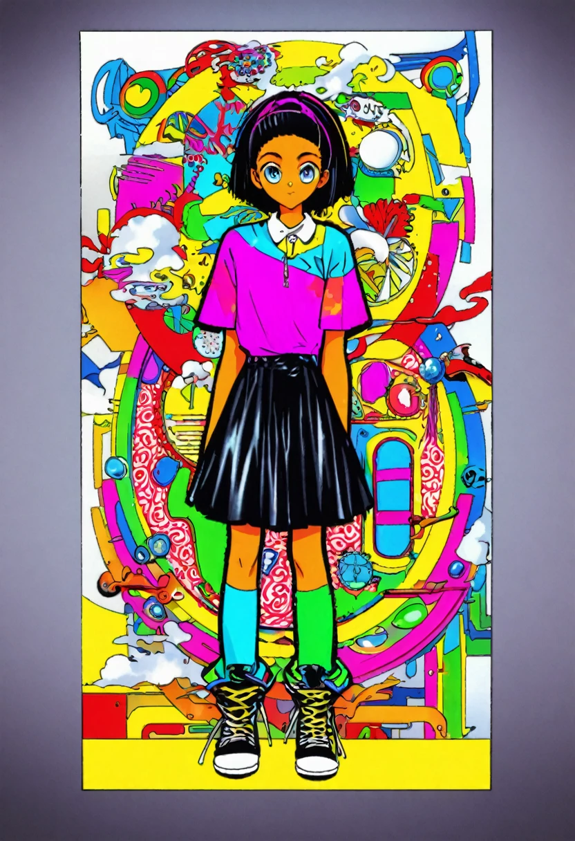 cute 12-years-old jamaican kid girl, colorful clothes and acessories, reggae fashion style, high detailed, 4K, front view, full body, CLAMP art style