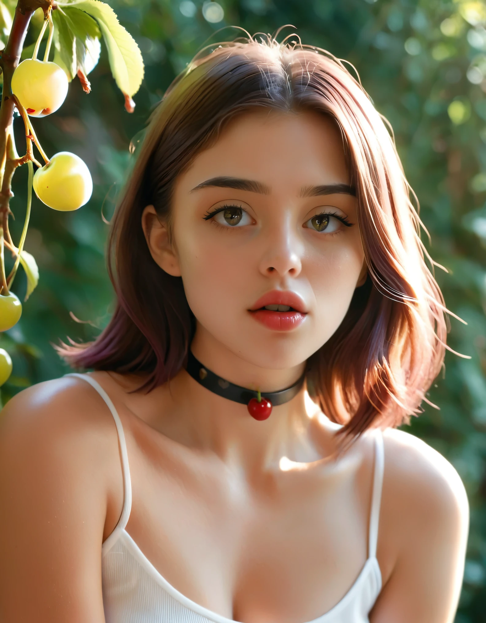 A close-up, slightly tilted angle view of a young woman about to eat two bright red cherries held by their stems. The woman's eyes are half-closed, with soft pinkish-purple hues, and she has long, straight dark brown hair with subtle highlights. She is wearing a white, sleeveless outfit, and there is a faint suggestion of a choker around her neck. The image captures a moment of anticipation as the woman's lips are slightly parted, showing the inside of her mouth where the cherries are about to enter. The lighting is soft, creating gentle shadows and highlights that accentuate the cherries' glossy texture and the woman's delicate skin. Her expression is calm and focused. The background is out of focus, with muted, pastel-like colors to keep the attention on the central action. hyper realistic, vibrant colors, 8k