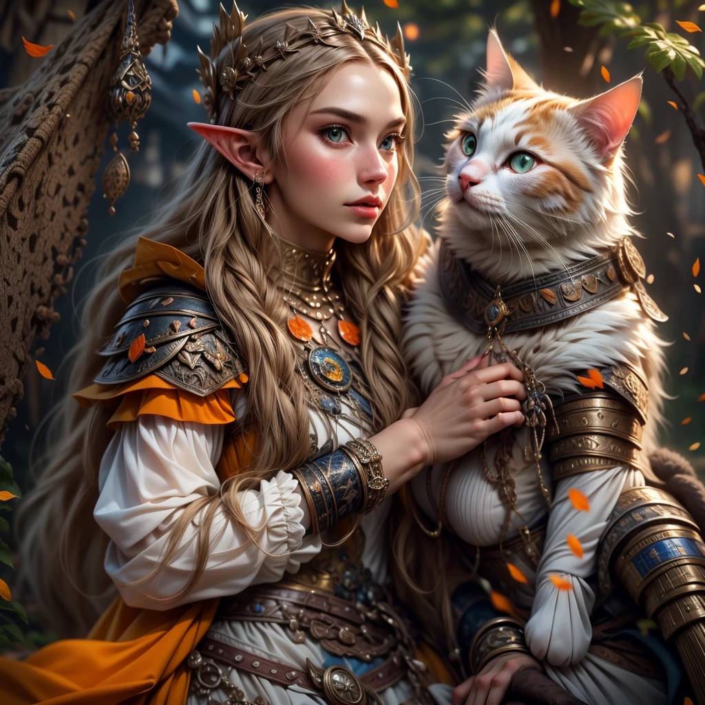 (one person with a cat) (hyperrealistic) (masterpiece) (4k) one adult female elf with dark blonde hair, forehead, wearing medieval clothes and armor playing with a big orange white cat with orange-green eyes, casting magic together, medieval forest background, sword, elf with her pet, one elf and one cat