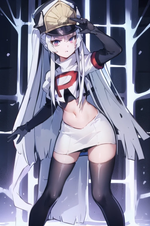 1girl, solo, altair, team rocket,team rocket uniform,white skirt,red letter R,crop top,black thigh-highs,black elbow gloves,