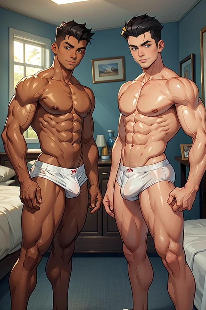 Two characters in the scene. Two identical teenage twin brothers, both with mischievous smiles, slim and muscular bodies, pretty faces, honey-colored eyes, oily and shiny skin,
the twin on the right with short black hair in a pompadour, the twin on the left with short white hair combed to the side. They are standing inside a teenage bedroom, with their backs bare, wearing small swim trunks with their hands on the waist of the other in underwear and with a huge bulge in the groin.