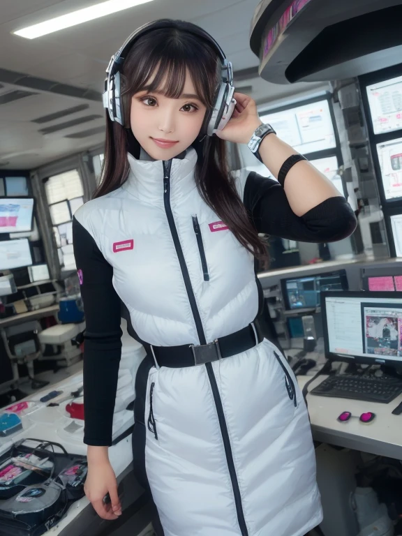 masterpiece, highest quality, Very detailed, 8K Portrait,Japanese Android Girl,plump , Control panel,Robotic arms and legs, Blunt bangs,,break (Metallic Gray, Metallic luster, Mirror finish, Astro Best):5,headphone:5,break (Black sleeves):100,Smart Watches,Futuristic space station,Control Room,break headphone,blue eyes,(Black Hair):2,(Long Hair):1.3,View the viewer,(respirator),break blush:3,Hidden Hand,smile
