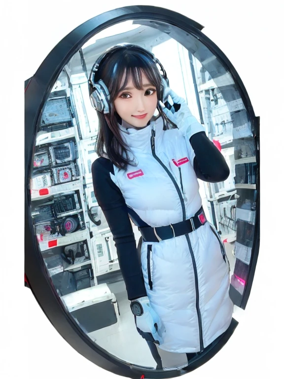 masterpiece, highest quality, Very detailed, 8K Portrait,Japanese Android Girl,plump , Control panel,Robotic arms and legs, Blunt bangs,,break (Metallic Gray, Metallic luster, Mirror finish, Astro Best):5,headphone:5,break (Black sleeves):100,Smart Watches,Futuristic space station,Control Room,break headphone,blue eyes,(Black Hair):2,(Long Hair):1.3,View the viewer,(respirator),break blush:3,Hidden Hand,smile