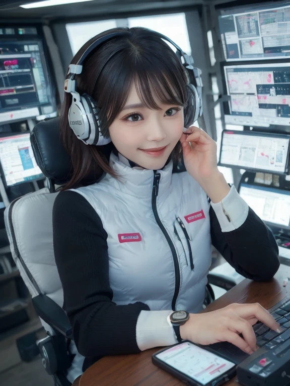 masterpiece, Highest quality, Very detailed, 8K Portrait,Japanese Android Girl,plump , Control panel,Robotic arms and legs, Blunt bangs,,break (Metallic Gray, Metallic luster, Mirror finish, Astro Best):5,headphone:5,break (Black sleeves):100,Smart Watches,Futuristic space station,Control Room,break headphone,blue eyes,(Black Hair):2,(Long Hair):1.3,Displaying the viewer,(respirator),break blush:3,Hidden Hand,smile