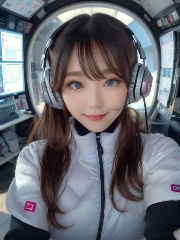 masterpiece, highest quality, Very detailed, 8K Portrait,Japanese Android Girl,plump , Control panel,Robotic arms and legs, Blunt bangs,,break (Metallic Gray, Metallic luster, Mirror finish, Astro Best):5,headphone:5,break (Black sleeves):100,Smart Watches,Futuristic space station,Control Room,break headphone,blue eyes,(Black Hair):2,(Long Hair):1.3,View the viewer,(respirator),break blush:3,Hidden Hand,smile